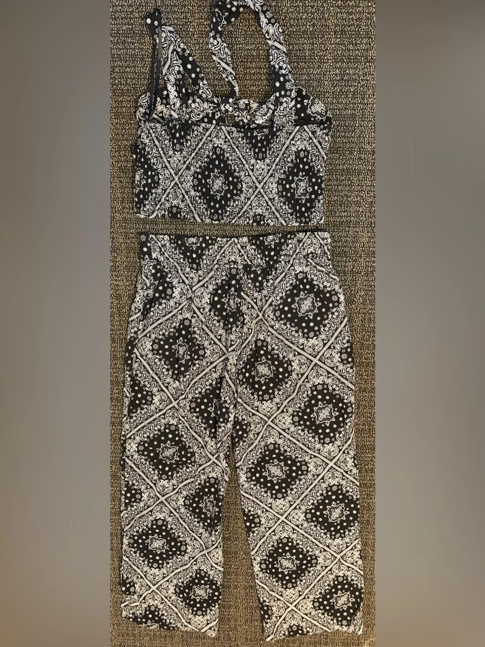 Black & White Paisley Crop Top and Pants Set
